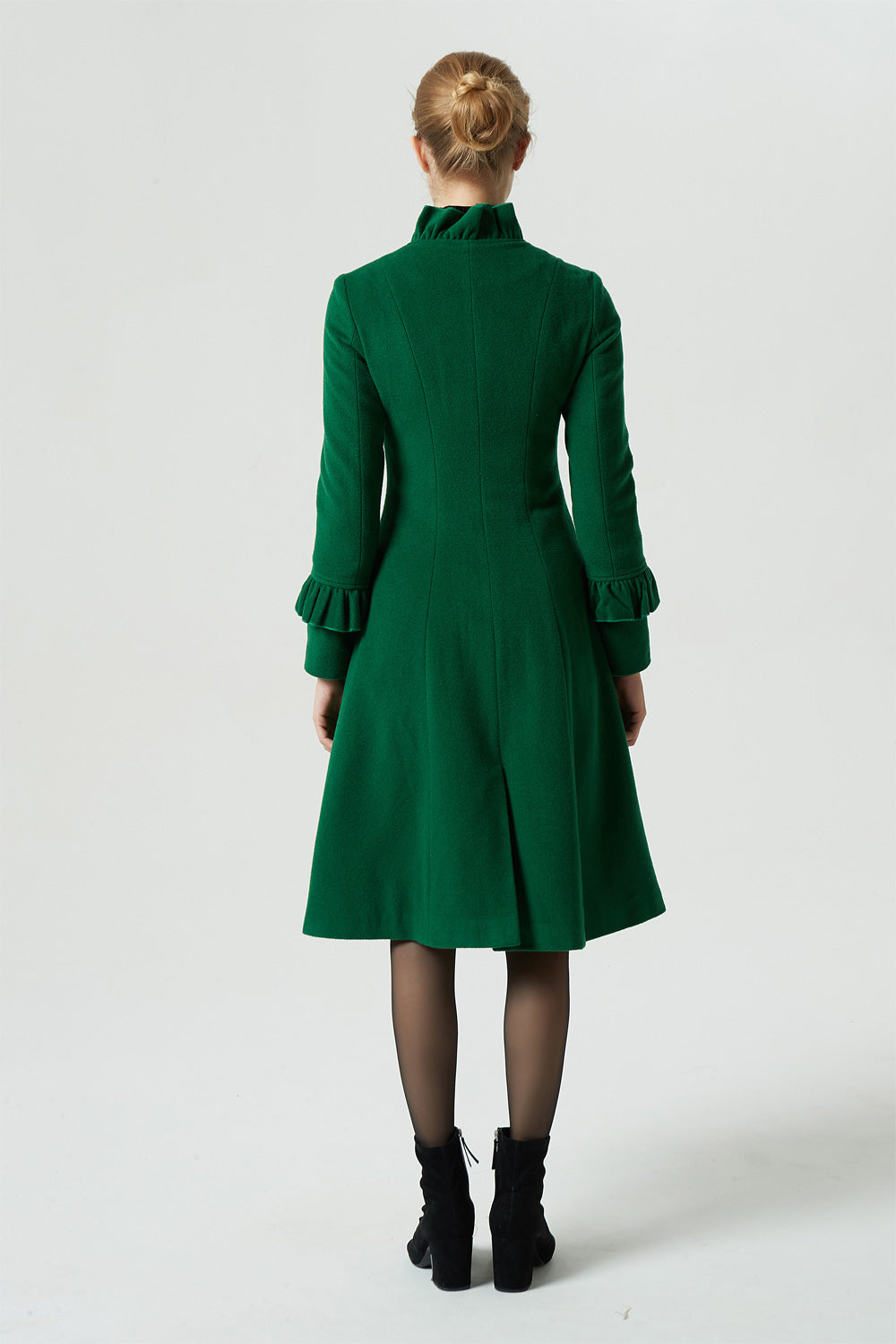 green midi wool coat with ruffle details 1950#