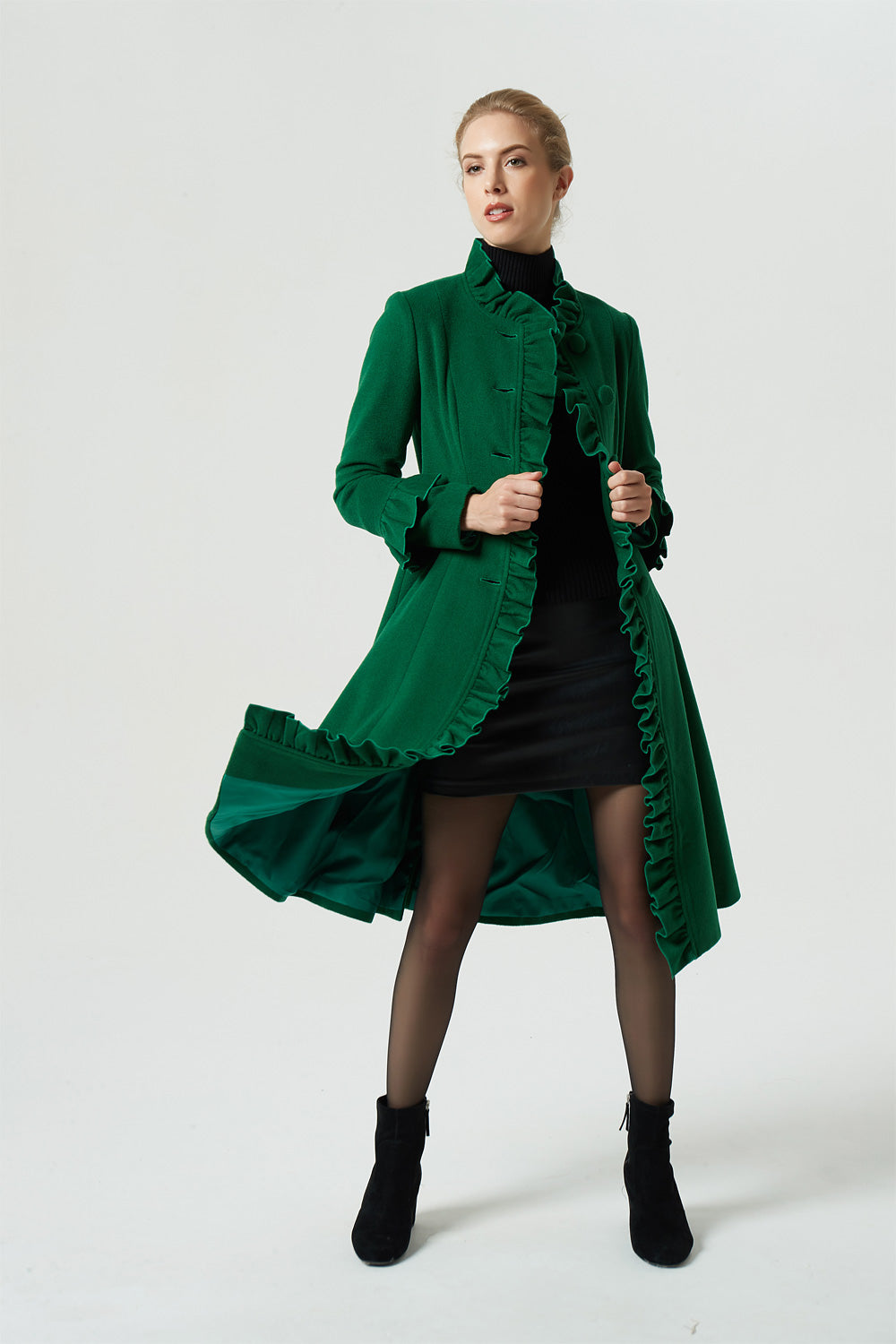 green midi wool coat with ruffle details 1950# – XiaoLizi