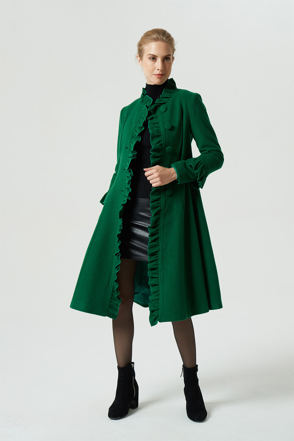 Elegant Green Wool Ruffle Coat A-Line Winter Dress Coat | Xiaolizi Green / XL Elegant Green Wool Ruffle Coat A-Line Winter Dress Coat | Xiaolizi Green / XL