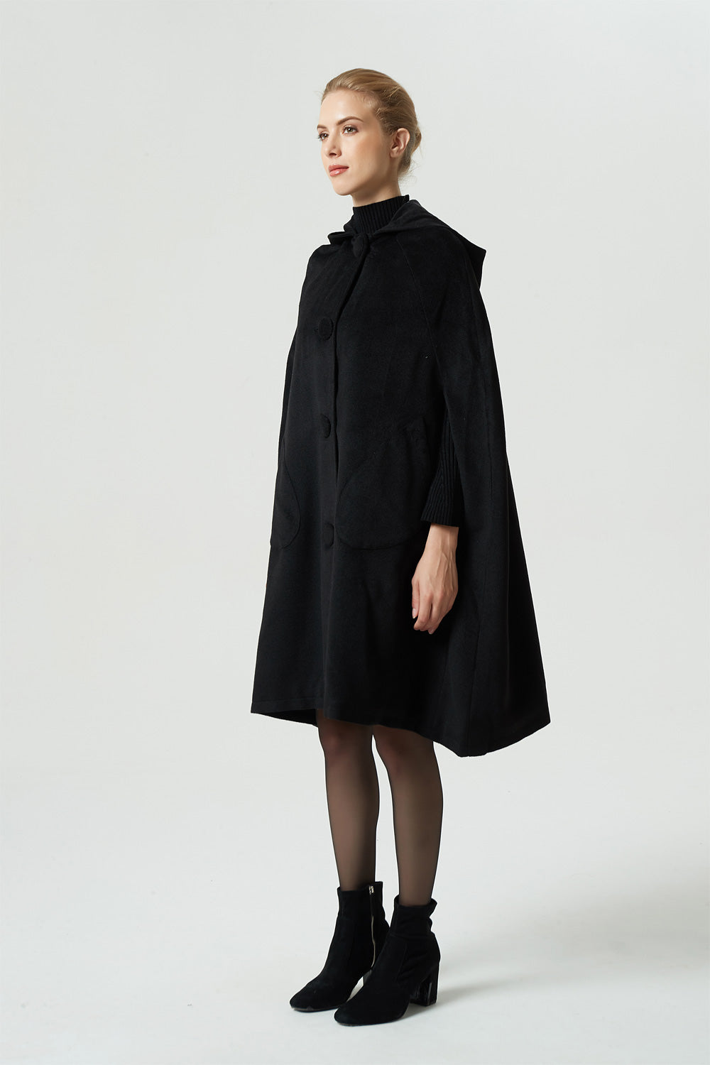 black wool cape coat, hooded warm cape, women winter outerwear 1952#
