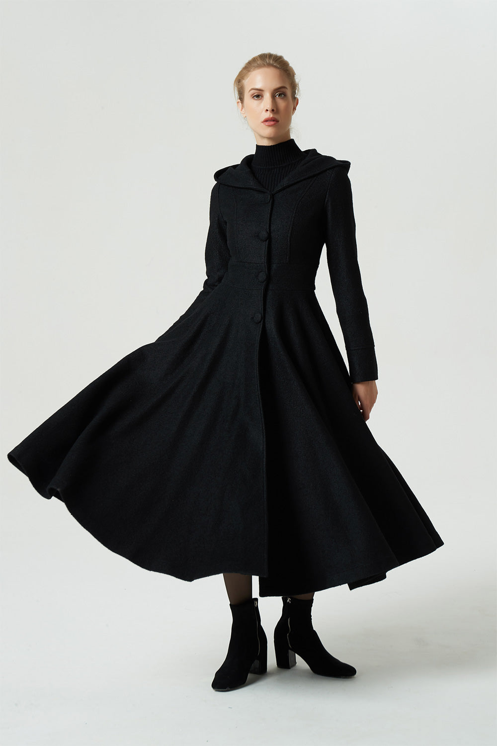 winter maxi hooded black wool coat 1958# – XiaoLizi