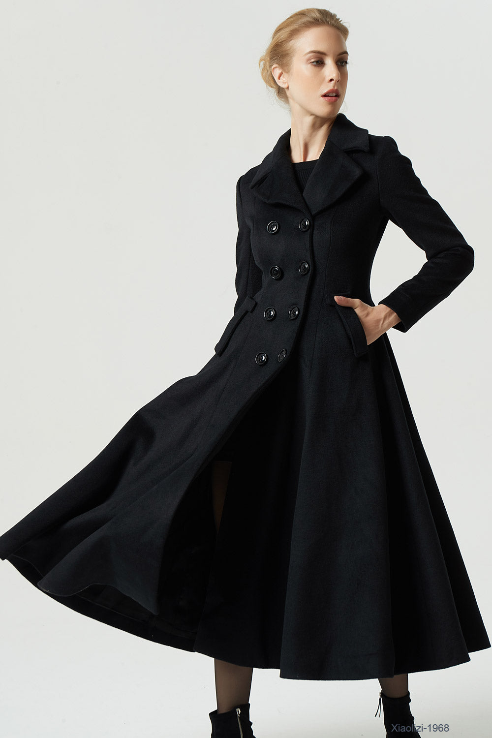 Long black double breasted 2024 coat