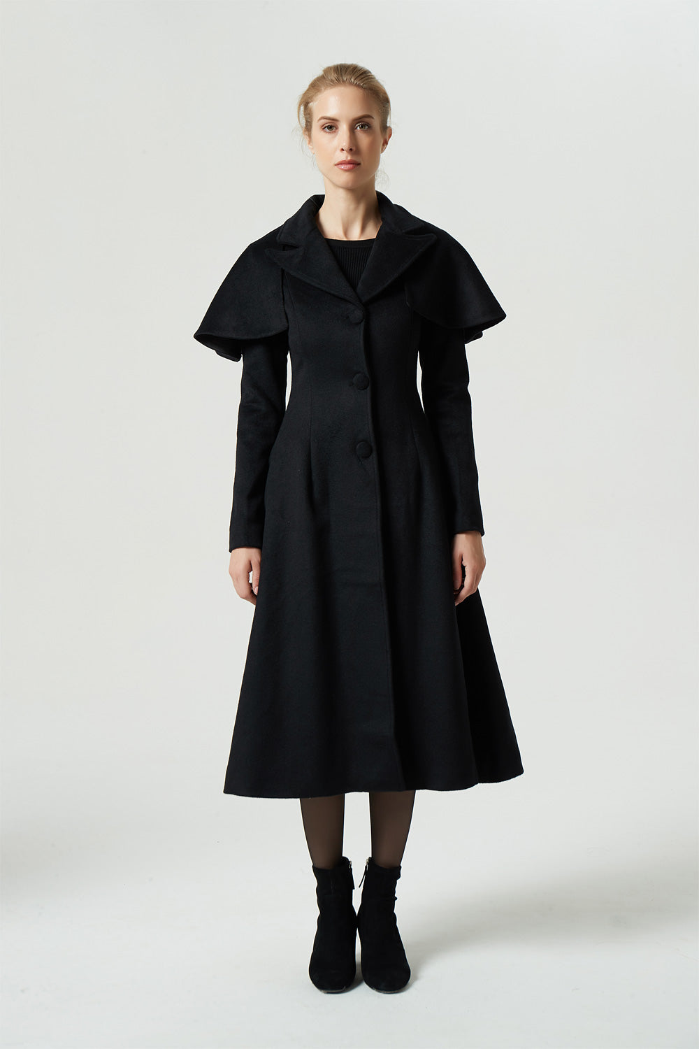 Maxi Black Wool Coat With Capelet For Women 1969# – XiaoLizi