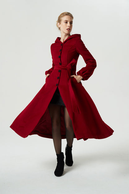 Red Wool Blend Midi Coat - Hooded with Lantern Sleeves 3184