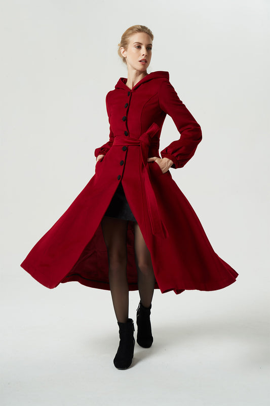 Red Wool Blend Midi Coat - Hooded with Lantern Sleeves 3184