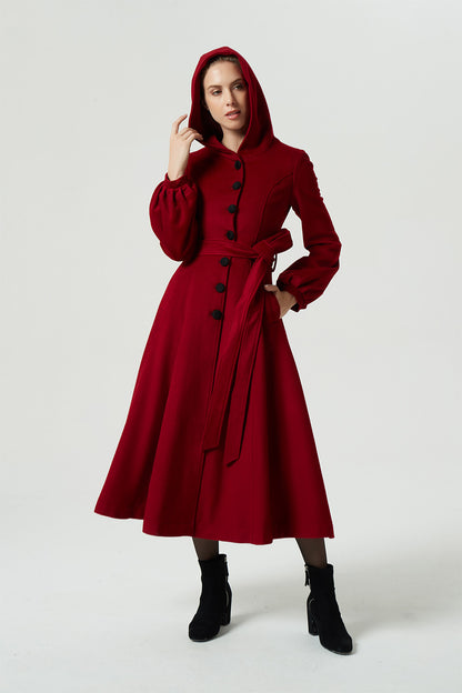 Red Wool Blend Midi Coat - Hooded with Lantern Sleeves 3184