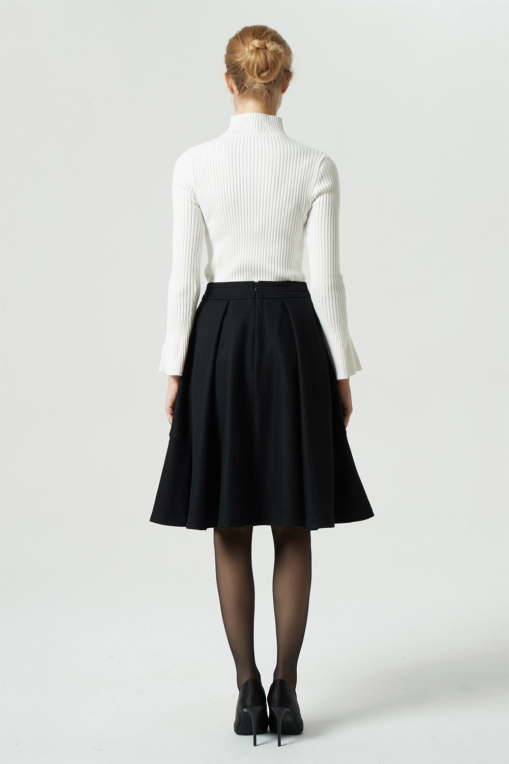 knee length black wool skirt, pleated circle skirt 1992#