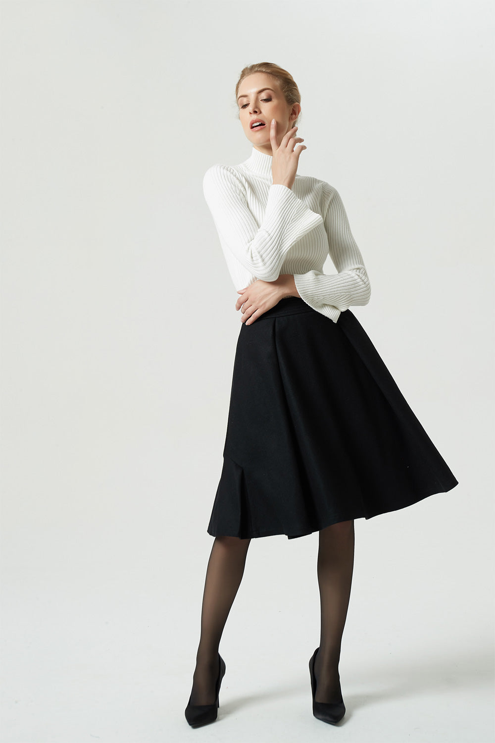 knee length black wool skirt, pleated ...