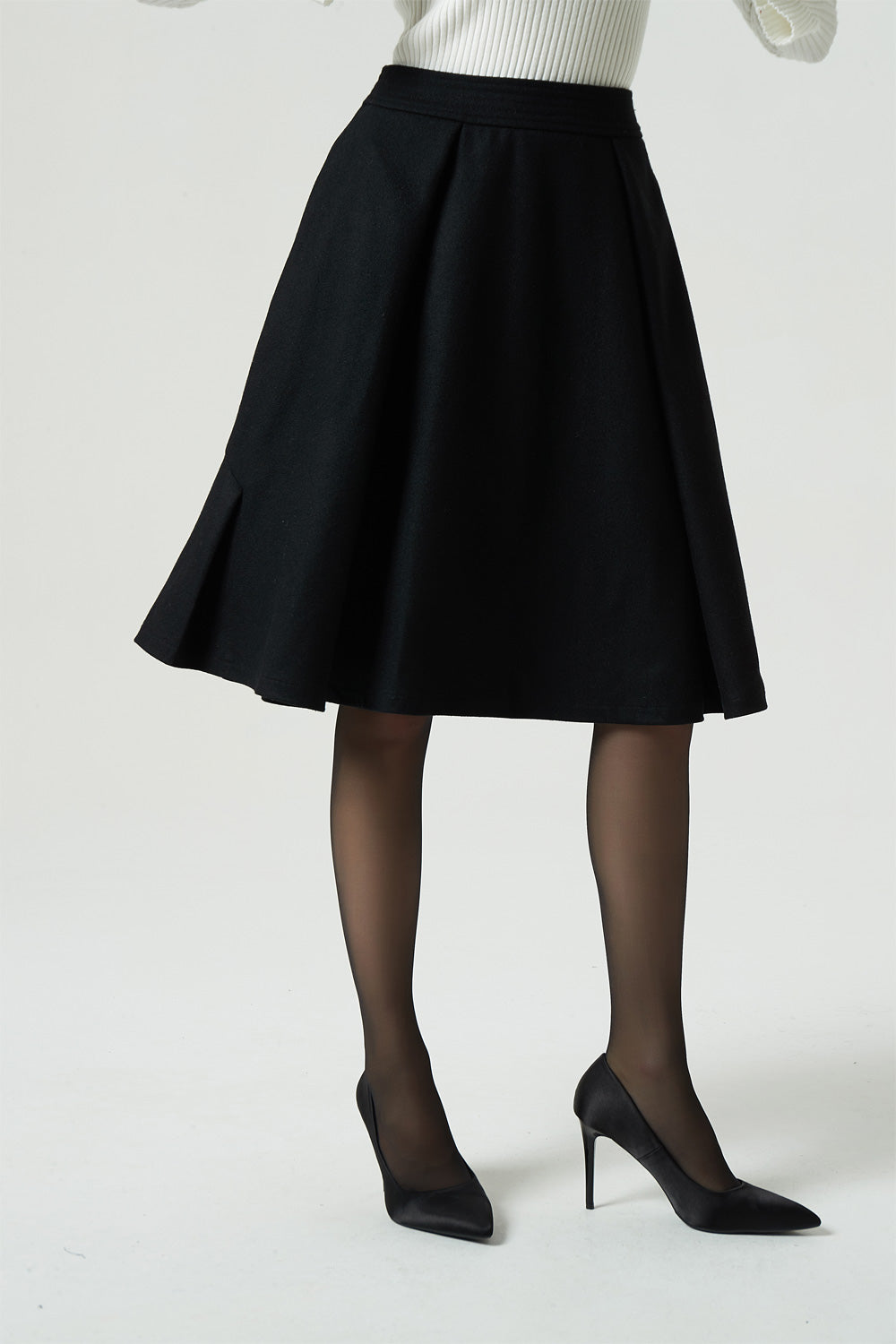knee length black wool skirt, pleated circle skirt 1992# – XiaoLizi