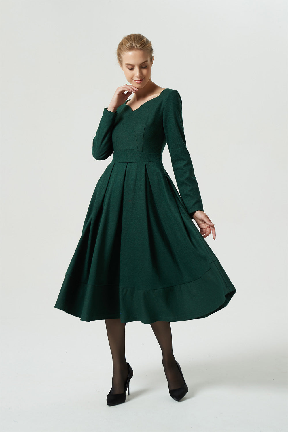Green midi winter wool dress women 1993 Xiaolizi Green midi winter wool dress women 1993 Xiaolizi