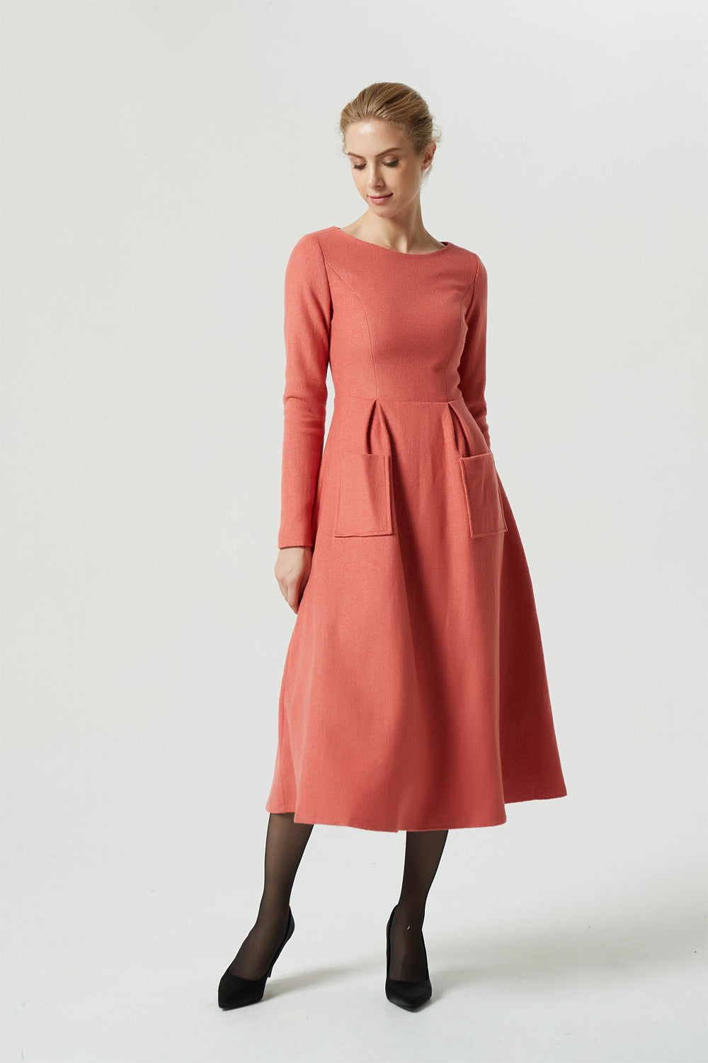 orange dress, wool dress, fit dress, elegant dress, winter wool,womens Xiaolizi orange dress, wool dress, fit dress, elegant dress, winter wool,womens Xiaolizi