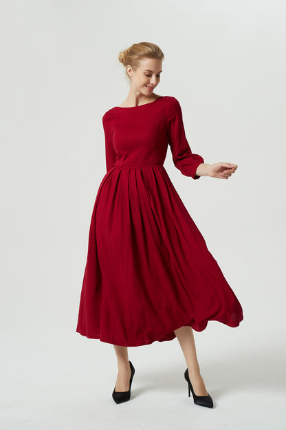 Red Linen Maxi Dress - Pleated Fit and Flare with Lantern Sleeves 1996