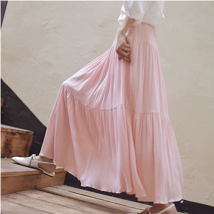 Blue Cotton Linen Maxi Skirt - Ruffle Tiered Pleated Design 2717