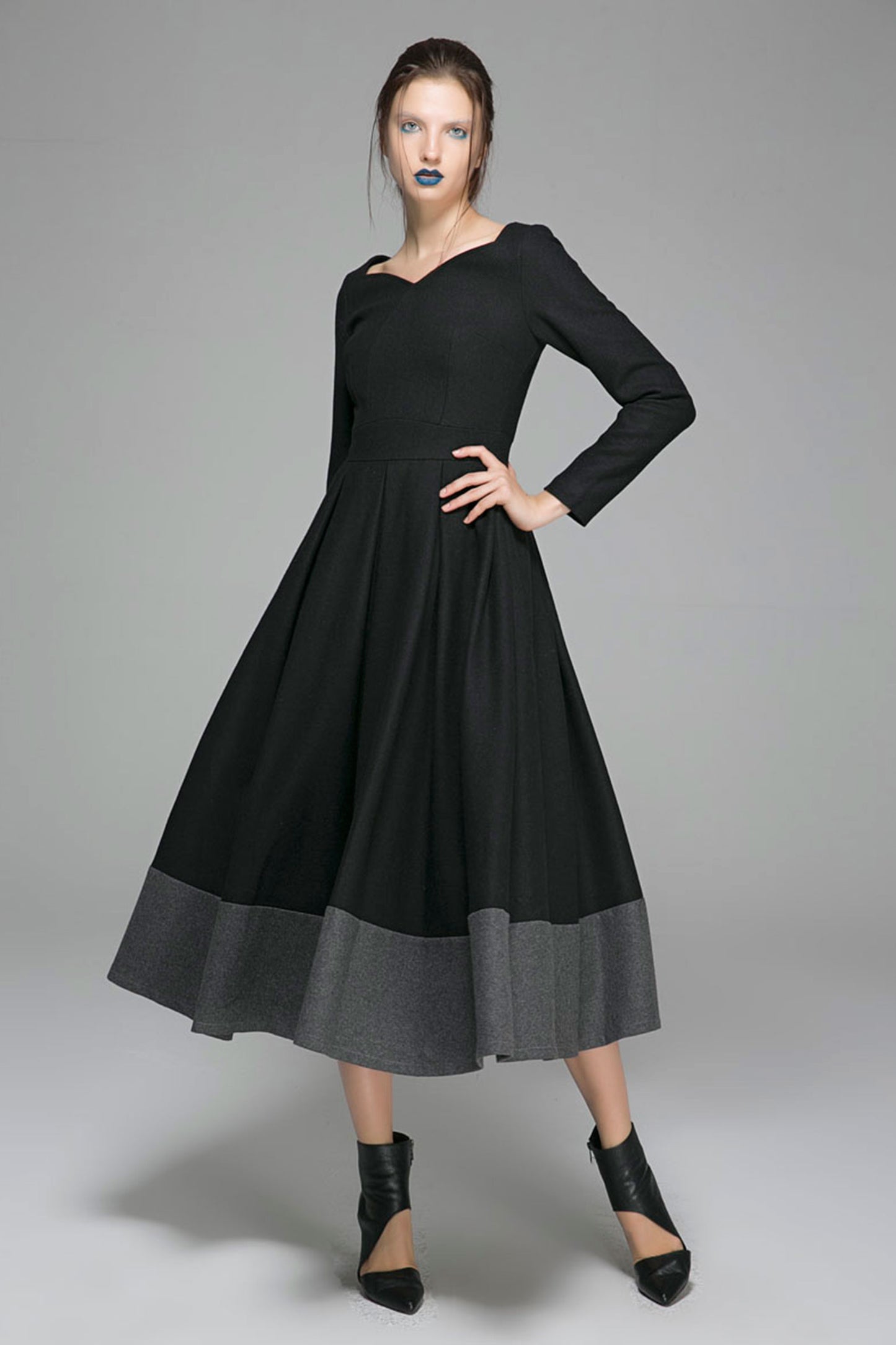 Black wool dress women maxi dress 1359#