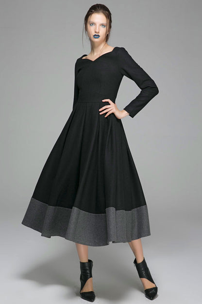 Handmade Wool Winter Dress – Black & Gray Color-Block Midi | Xiaolizi  1359
