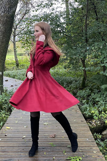 Wine Red Wool Coat - Fit and Flare, Hooded Knee-Length 3231