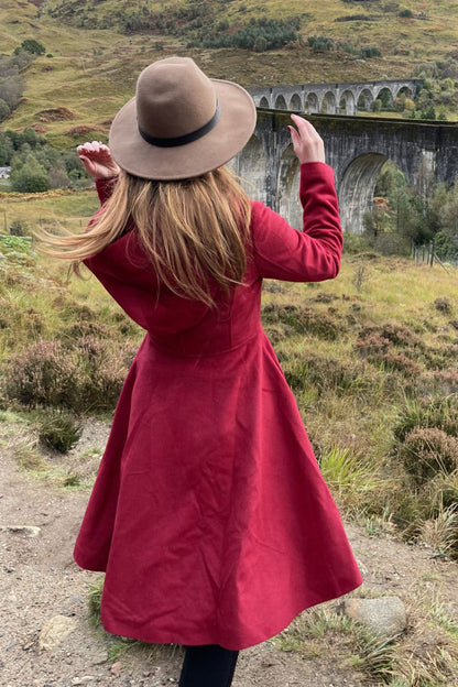 Wine Red Wool Coat - Fit and Flare, Hooded Knee-Length 3231