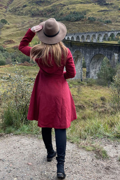 Wine Red Wool Coat - Fit and Flare, Hooded Knee-Length 3231
