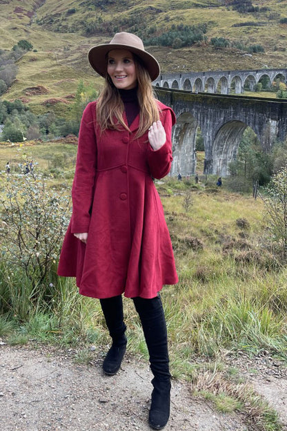 Wine Red Wool Coat - Fit and Flare, Hooded Knee-Length 3231