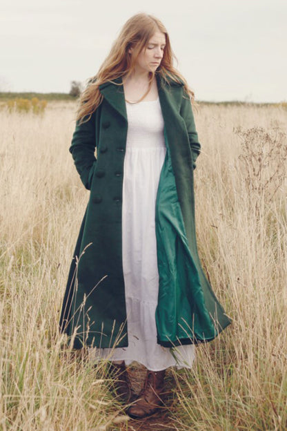 Green Wool Maxi Coat - Double Breasted Flare Silhouette 3185