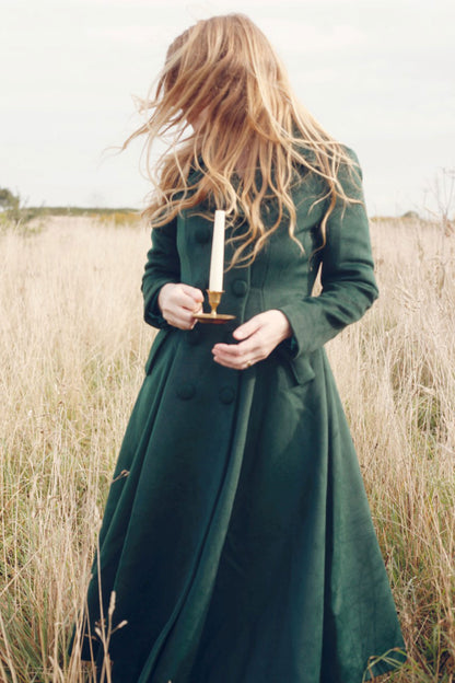 Green Wool Maxi Coat - Double Breasted Flare Silhouette 3185
