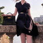 Black Midi Short Sleeve A-Line Belted Linen Dress 3741