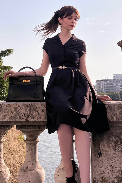 Black Linen Midi Dress | Belted A-Line Short Sleeve