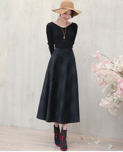 Plaid Wool Midi A-Line Skirt with Pockets - High Waist Autumn Essential J103