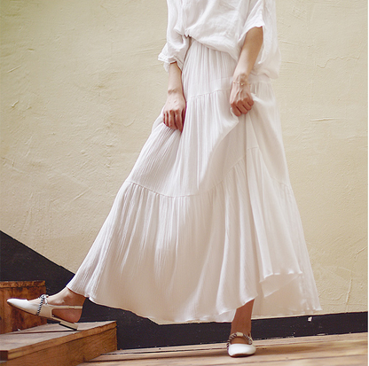 Blue Cotton Linen Maxi Skirt - Ruffle Tiered Pleated Design 2717