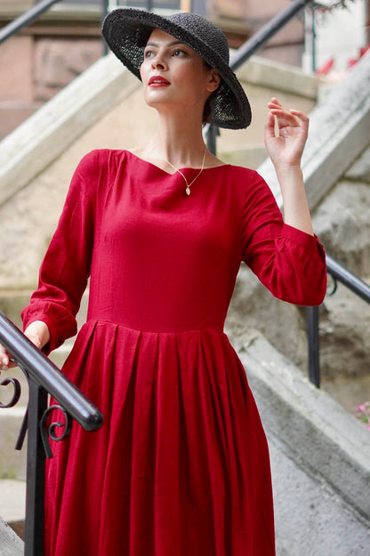 Red Linen Blend A-Line Maxi Dress - Seam Pockets & Boat Neckline 3742