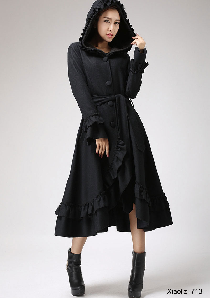 Black ruffle wool coat