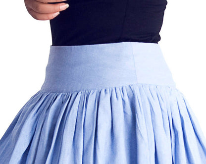 Handmade Blue Linen Cotton Skirt – Vintage Layered A-Line Maxi Skirt with Pockets | Xiaolizi 0045